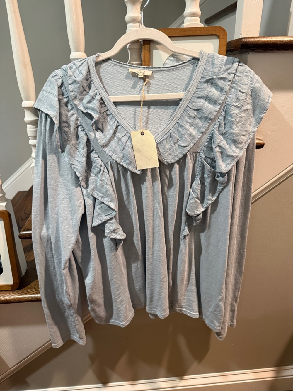 easel Light Blue Ruffle V-Neck Long Sleeve Blouse